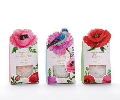 A 150g floral-infused bath salt gift set in decorative packaging, available in pink jasmine, white poppy.

