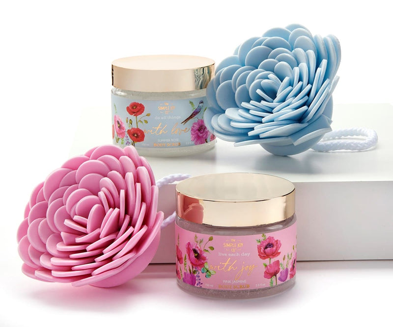 A gift set with 150 ml body scrub and EVA sponge, scented with either pink jasmine or summer rose and boxed .

