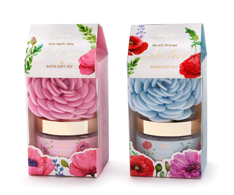 A gift set with 150 ml body scrub and EVA sponge, scented with either pink jasmine or summer rose and boxed .

