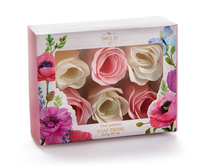 A boxed gift set of six flower-shaped soap petals with pink jasmine scent, beautifully packaged for gifting.

