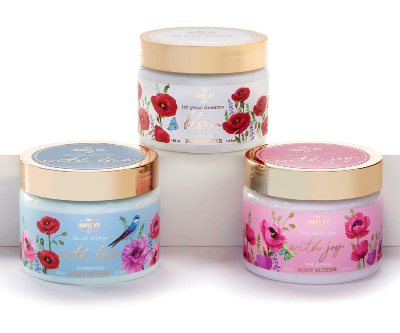 A 150 ml Wings of Summer body butter in an elegant jar, available in assorted scents like Pink , Rose, and White Poppy.