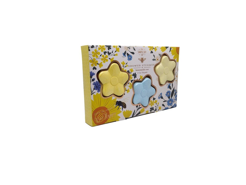A floral-themed gift box containing three 80g honeysuckle rose-scented shower steamers from Giftcraft’s Wild Flower Meadows.

