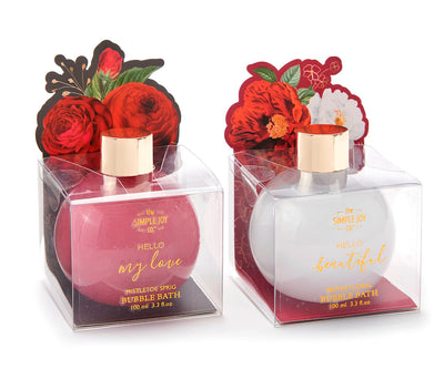 A 100 ml blossom-scented bubble bath in an elegant bottle with a floral gift box labeled “Hello My Love”; available in pink or white.

