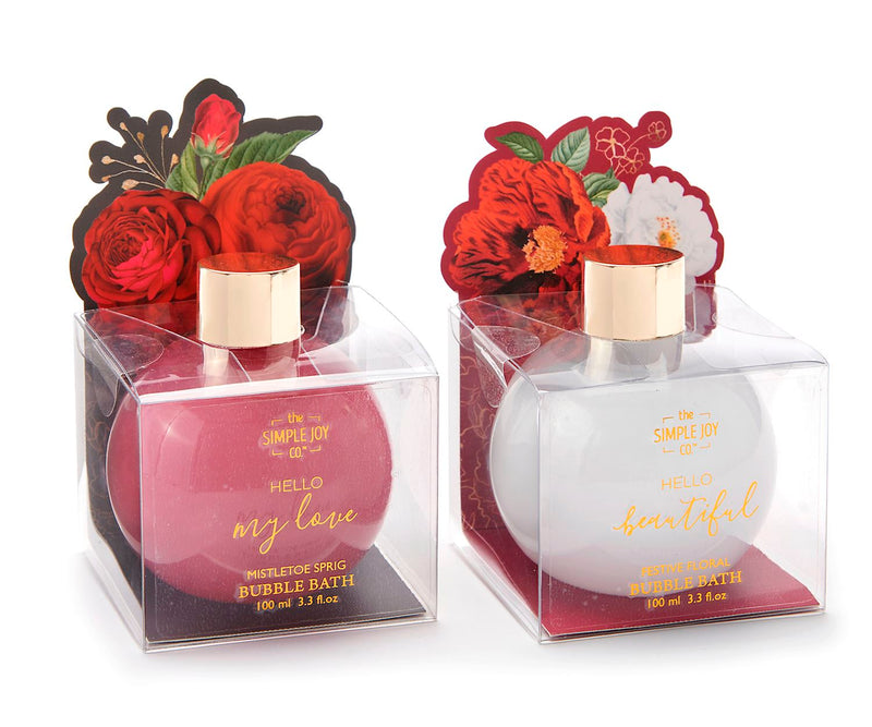 A 100 ml blossom-scented bubble bath in an elegant bottle with a floral gift box labeled “Hello My Love”; available in pink.


