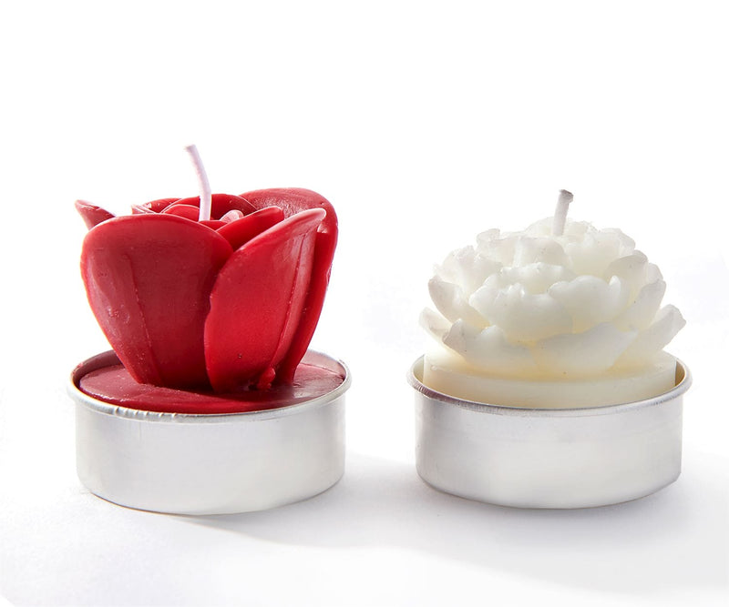 A paraffin wax rose-shaped candle with a lead-free wick, available in red or white; perfect for holiday decor or gifting.

