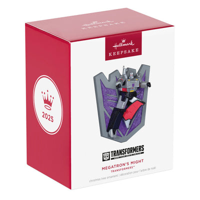 Megatron ornament, Transformers villain, fusion cannon raised, purple Decepticon shield, Hallmark Keepsake, Christmas tree decoration.