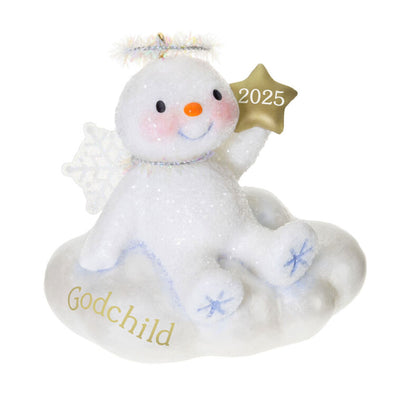 Sparkling snow angel Christmas ornament holding a gold 2025 star, seated on a cloud, for godchild holiday keepsake

