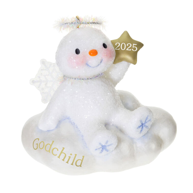 Sparkling snow angel Christmas ornament holding a gold 2025 star, seated on a cloud, for godchild holiday keepsake

