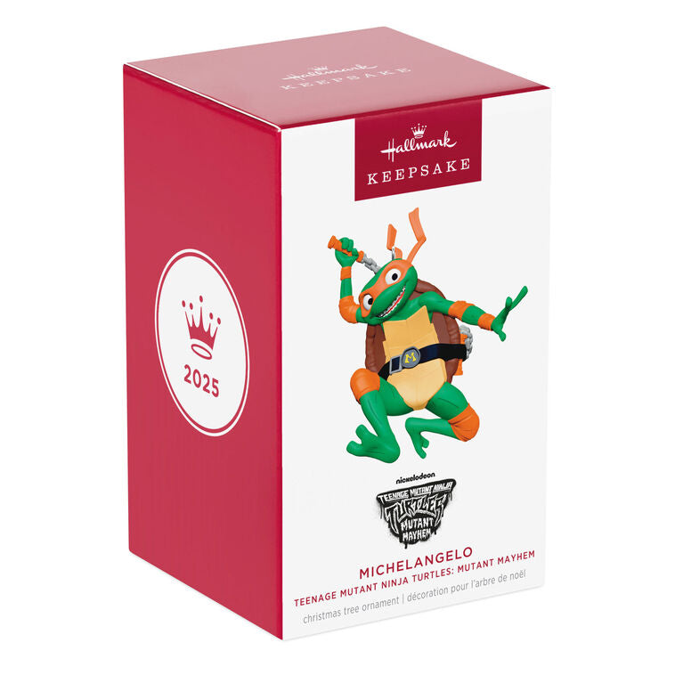 Michelangelo Teenage Mutant Ninja Turtle ornament in orange mask with nunchucks, Hallmark Keepsake Christmas tree decoration.