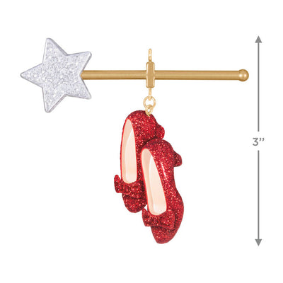 Hallmark Keepsake Wizard of Oz Ruby Slippers ornament with glittery shoes and magic wand inspired by Glinda the Good Witch.