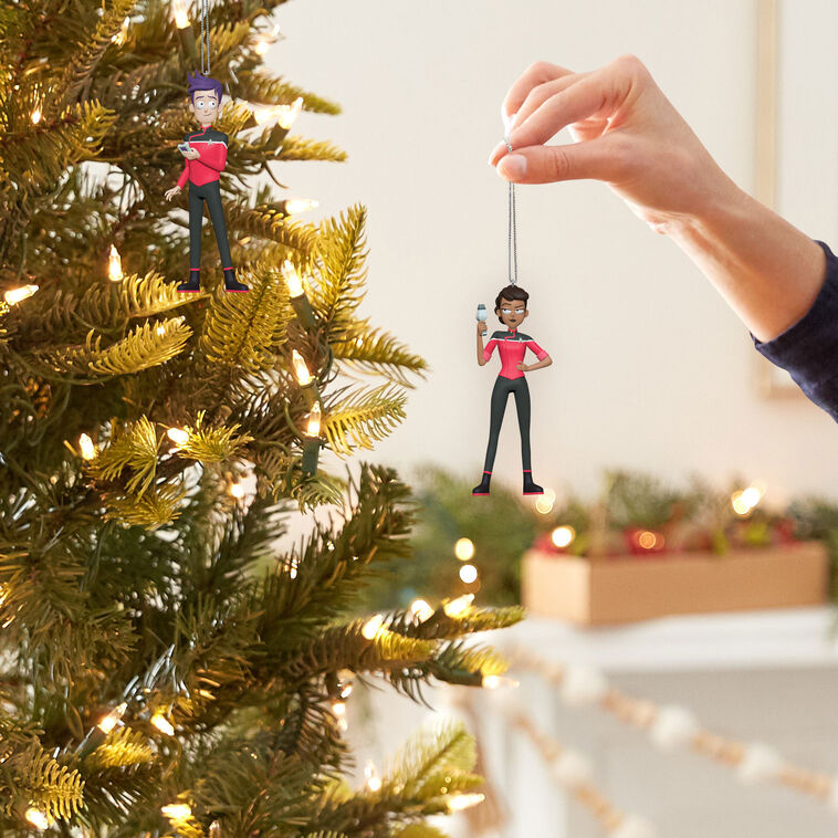 Star Trek Lower Decks ornaments—Beckett Mariner and Bradward Boimler, cartoon crew in red uniforms, Hallmark set of 2
