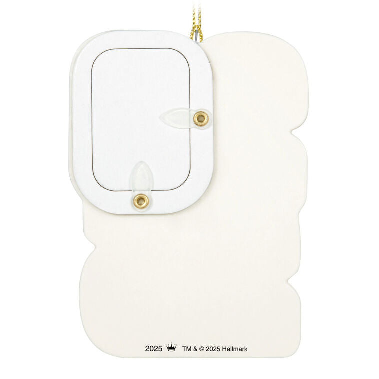 Porcelain ornament with black and white “2025” block numbers, gold accents, red graduation cap, and a photo frame for Class of 2025 graduate.