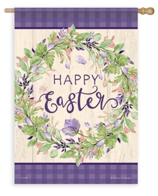 Happy Easter Wreath garden flag with colorful spring flowers on soft, double-sided Dura Soft™ fabric by Carson.