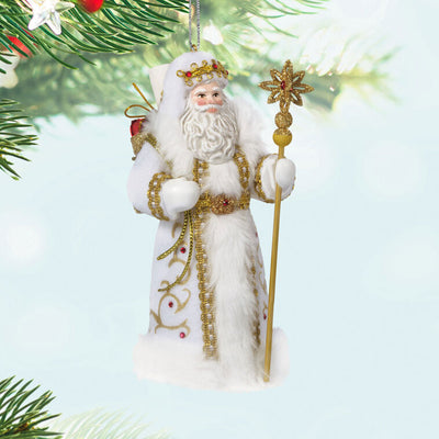 Santa in white coat with gold staff, red gems, gold trim, and faux fur, holding scroll pack, Hallmark Keepsake Father Christmas ornament
