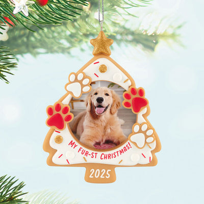 Pet photo frame ornament shaped like a cookie tree with paw prints, faux sprinkles, and year-dated 2025 for first Christmas

