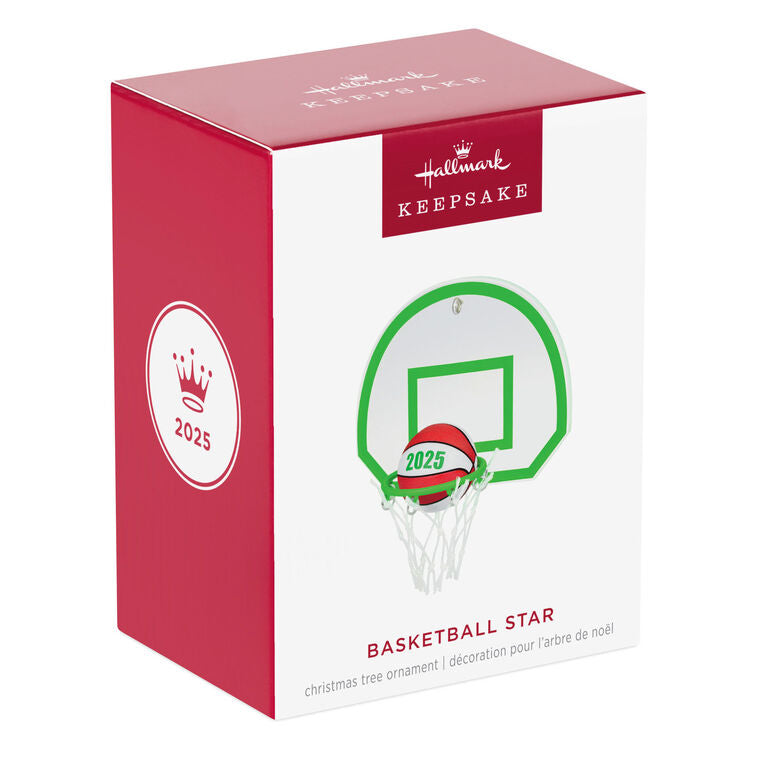 2025 basketball ornament with neon green hoop and net, showing a ball dropping into the goal for sporty holiday decor.