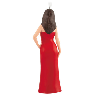 Hallmark Keepsake Lacey Chabert porcelain ornament, actress in a red holiday dress, inspired by Countdown to Christmas movies.
