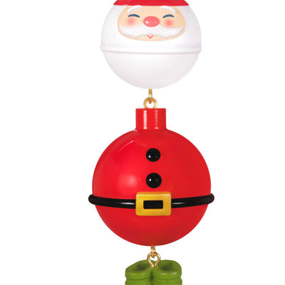 Christmas ornament with fishing bobbers shaped like Santa, wearing green wading boots, perfect for fishing enthusiasts

