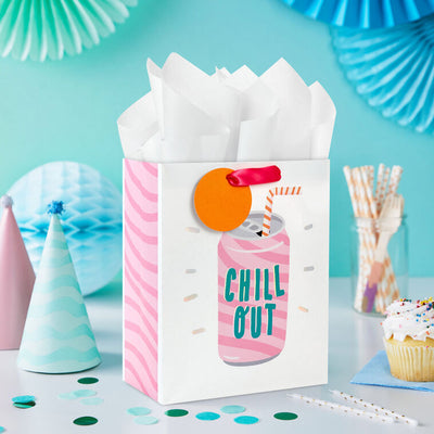 Hallmark gift bag with pink-striped soda can design, green “Chill Out” lettering, bent straw, and die-cut orange tag.