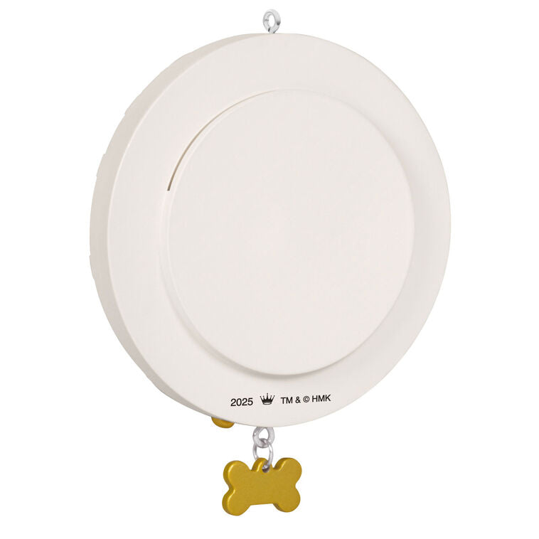 Dog photo frame ornament with bone-shaped charm and collar design, year-dated 2025 for pet’s first Christmas keepsake

