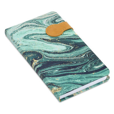 Slim hardcover journal with swirling blue and green marbled cover, gold foil details, and magnetic clasp.

