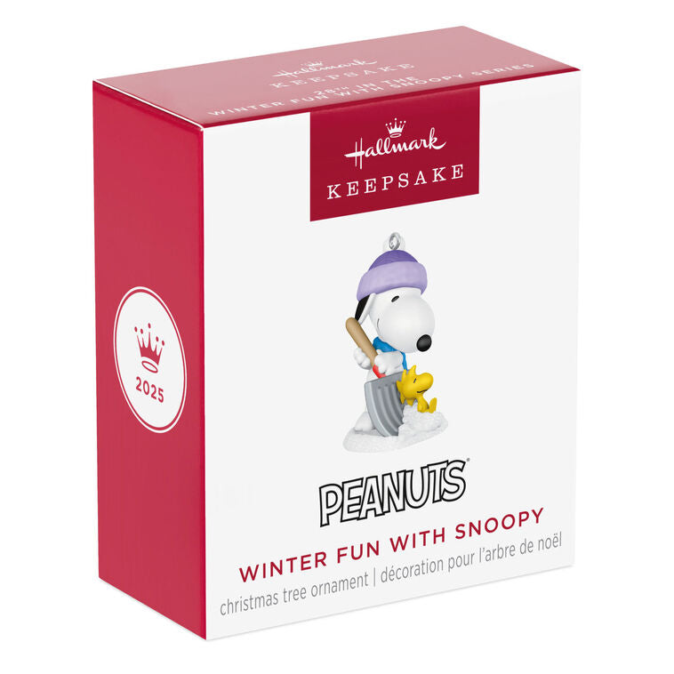 Mini Snoopy ornament in purple hat and scarf shoveling snow, Woodstock riding on shovel, Hallmark Peanuts Christmas collectible