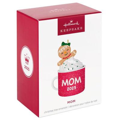 2025 Christmas ornament of gingerbread mom cookie in red mug with whipped cream, festive holiday design

