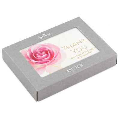 Pink rose sympathy thank-you cards with gold foil accents, packaged in a gray Hallmark box with matching envelopes.