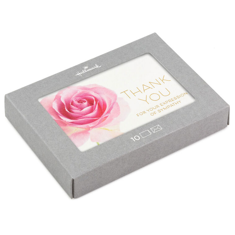 Pink rose sympathy thank-you cards with gold foil accents, packaged in a gray Hallmark box with matching envelopes.