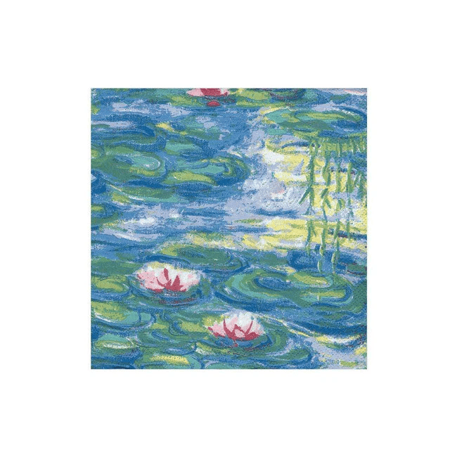Caspari Nympheas cocktail napkin with water lily design, eco-friendly and triple-ply.