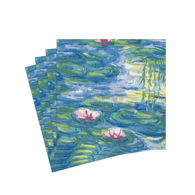Caspari Nympheas cocktail napkin with water lily design, eco-friendly and triple-ply.