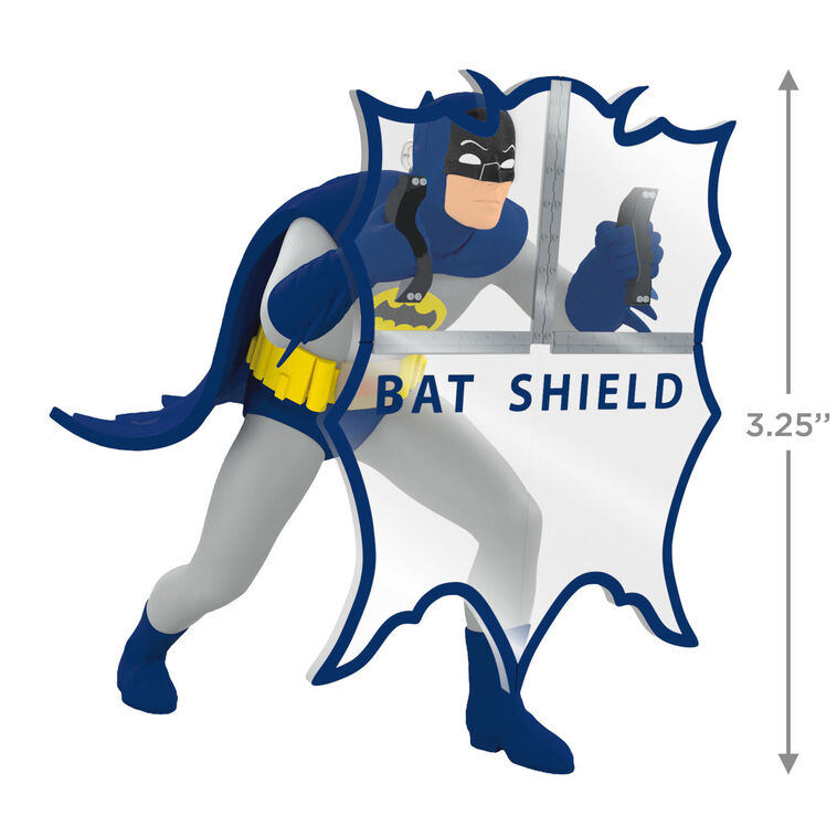 Batman ornament holding Bat-Shield from 1960s TV series, blue and gray costume with yellow accents, nostalgic superhero decoration