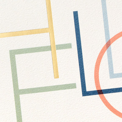 Boxed blank notes with colorful modern lettering on off-white cardstock and gold foil accents, includes foil-lined envelopes.

