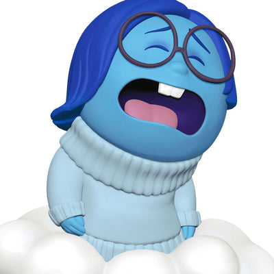 Hallmark Keepsake Inside Out 10th Anniversary Sadness ornament with Sadness sitting on a white cloud, Disney/Pixar Christmas decoration.