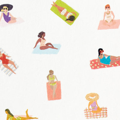 Blank note cards with retro-style illustrations of women sunbathing on colorful beach towels, boxed with envelopes.
