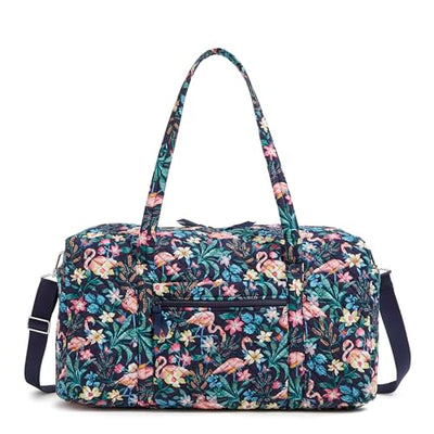 Vera Bradley Large Travel Duffel in Flamingo Garden print with recycled cotton and roomy interior.