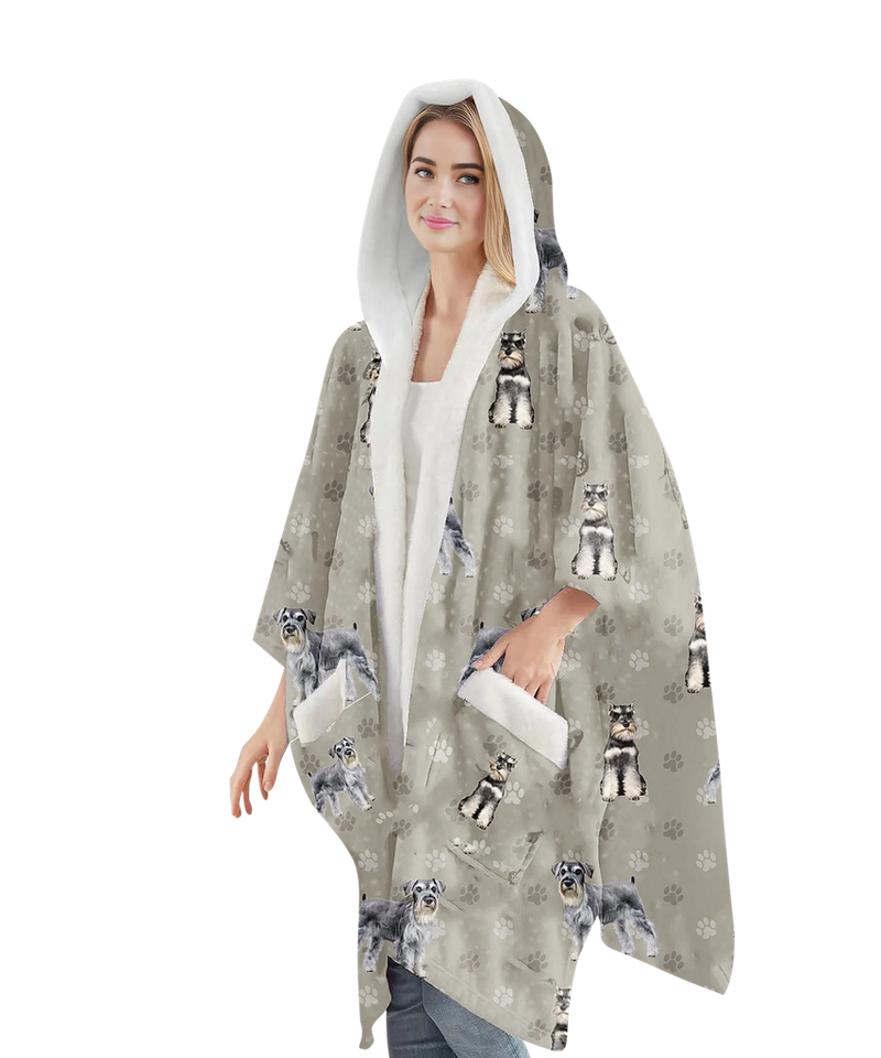 Schnauzer-themed wearable blanket hoodie with sherpa lining, oversized design, kangaroo pocket, and cozy hood—perfect for pet lovers