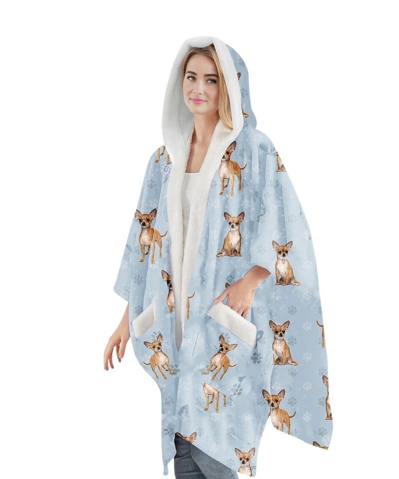 Chihuahua Fawn-themed wearable blanket hoodie with sherpa lining, oversized fit, large pocket, and cozy hood—perfect for pet snuggles and warmth.