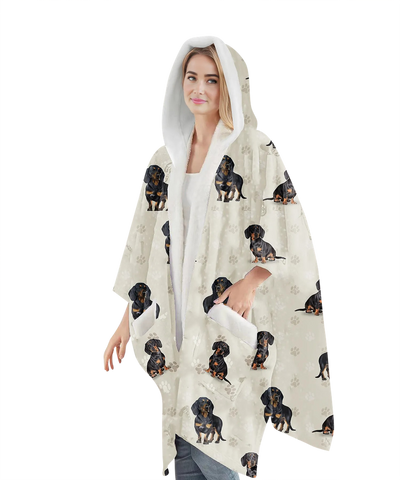 Black Dachshund themed wearable blanket hoodie with sherpa lining and cozy front pocket, designed for dog lovers.