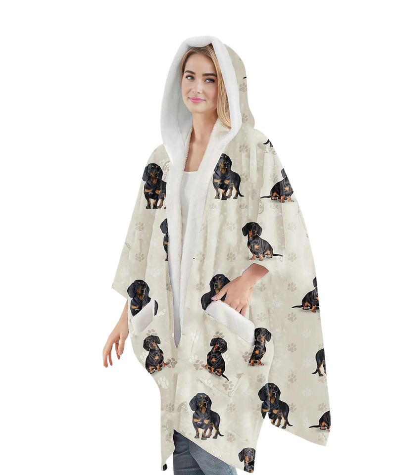 Black Dachshund themed wearable blanket hoodie with sherpa lining and cozy front pocket, designed for dog lovers.