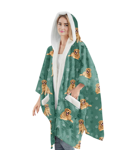 Golden Retriever themed wearable blanket hoodie with soft sherpa lining, perfect for staying cozy while cuddling with your pet