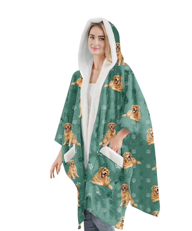 Golden Retriever themed wearable blanket hoodie with soft sherpa lining, perfect for staying cozy while cuddling with your pet
