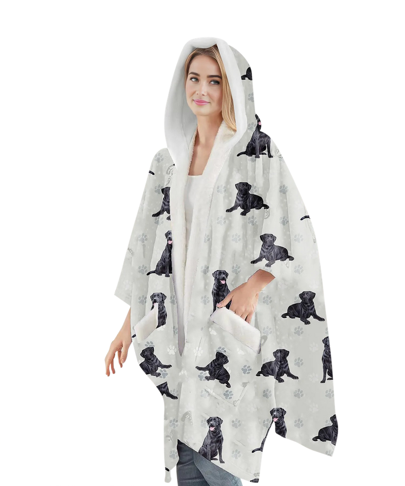 Cozy Labrador Black blanket hoodie for pet lovers—soft fleece and sherpa-lined interior for ultimate comfort while snuggling with your furry friend.