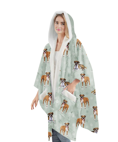 Boxer dog-themed wearable blanket hoodie with sherpa lining, oversized fit, and large cozy pocket for snuggling with pets or staying warm.