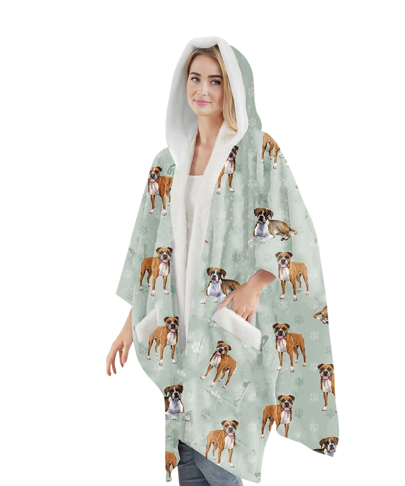 Boxer dog-themed wearable blanket hoodie with sherpa lining, oversized fit, and large cozy pocket for snuggling with pets or staying warm.