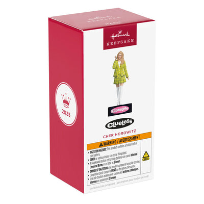 Cher Horowitz ornament, Clueless movie, yellow plaid outfit, retro flip phone, Hallmark Keepsake, sound feature, Christmas decoration.
