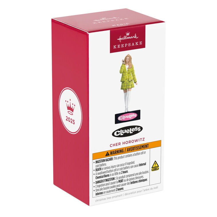 Cher Horowitz ornament, Clueless movie, yellow plaid outfit, retro flip phone, Hallmark Keepsake, sound feature, Christmas decoration.