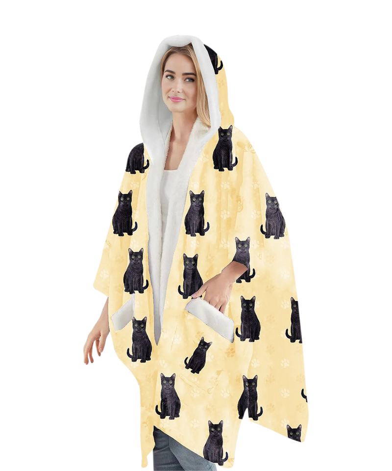 Black cat-themed wearable blanket hoodie with plush sherpa lining, oversized fit, and large front pocket for cozy lounging or cuddling with pets.
