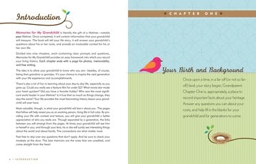 Guided memory journal for grandparents with archival paper, prompts for life stories, and pocket for keepsakes and mementos.