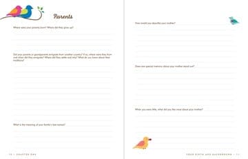 Guided memory journal for grandparents with archival paper, prompts for life stories, and pocket for keepsakes and mementos.